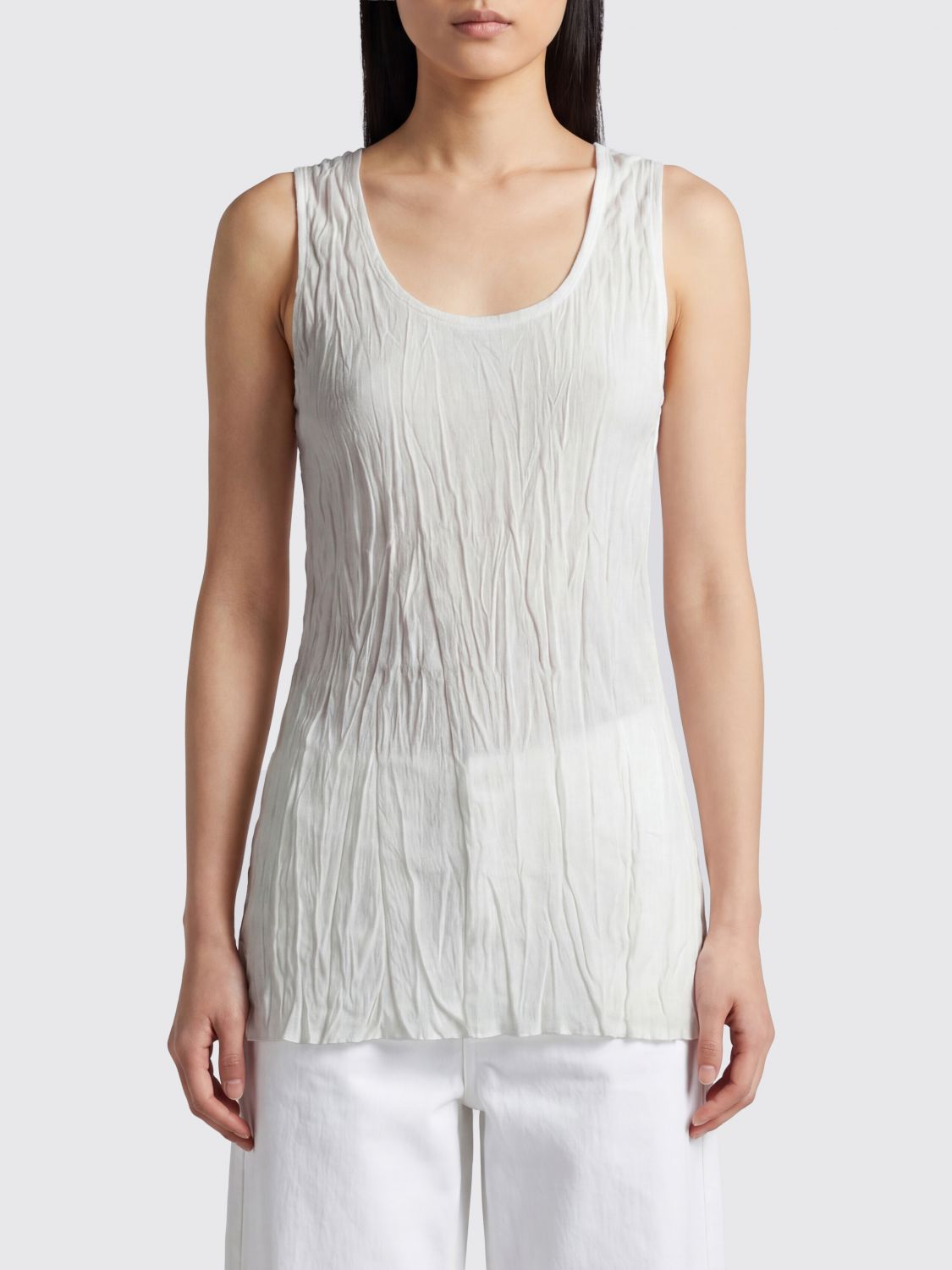 TOTEME Slim Fit Viscose Blend U-Neck Top with Crinkled Effect