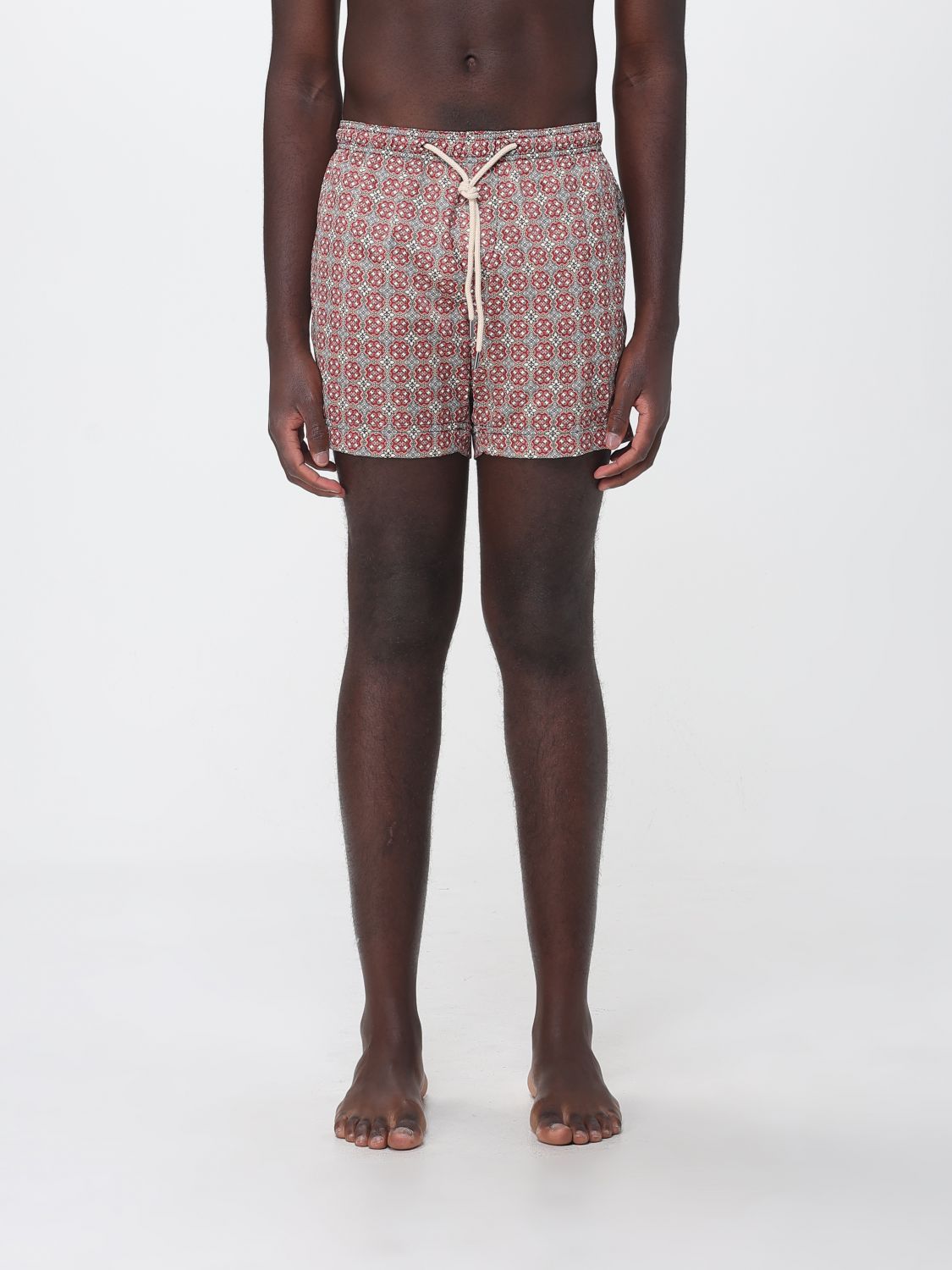 Peninsula Short Ethnic Pattern Swim Shorts With Drawstring Waist In Burgundy