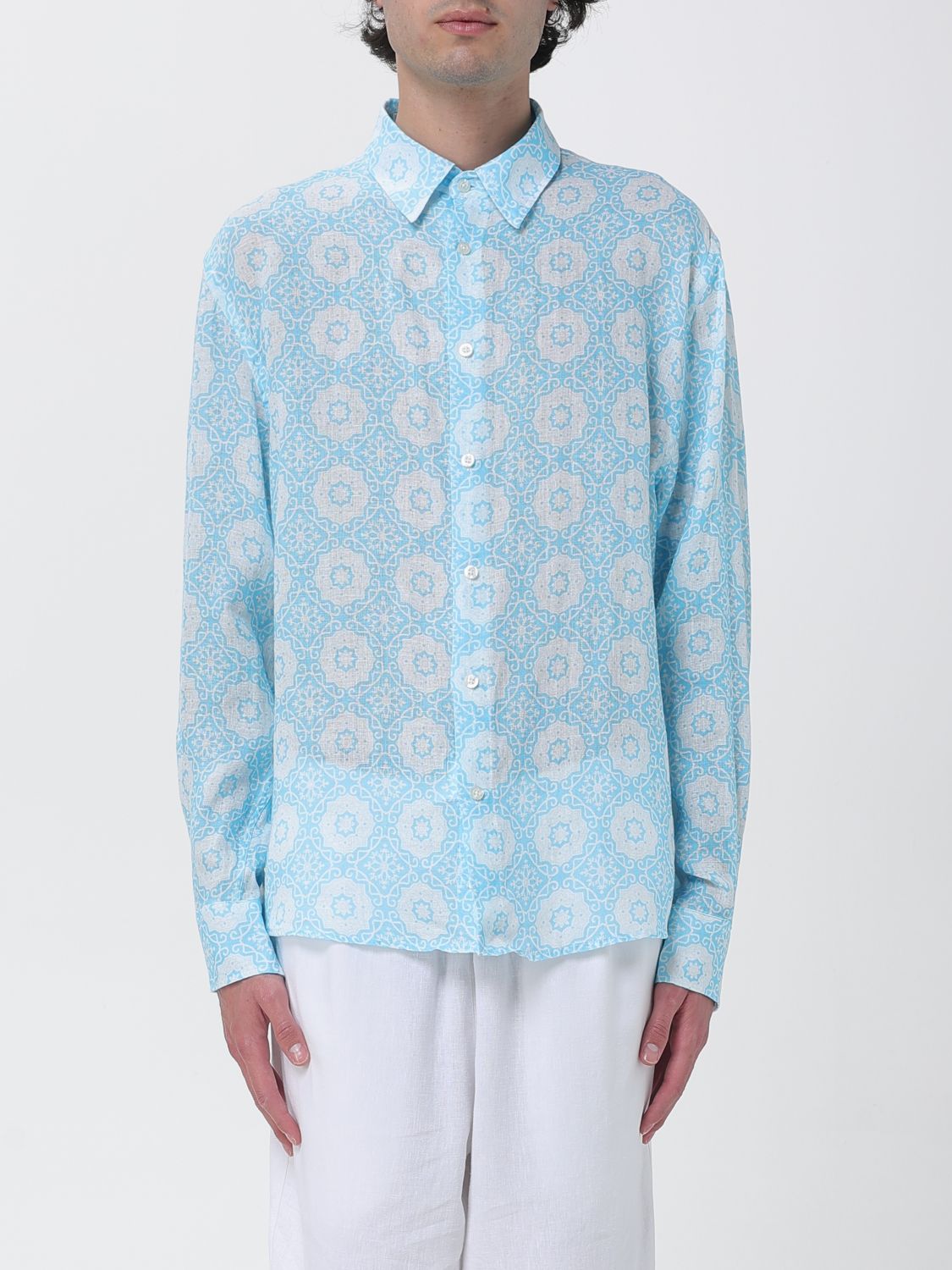 Peninsula Relaxed Fit Ethnic Pattern Long-sleeve Linen Shirt In Blue