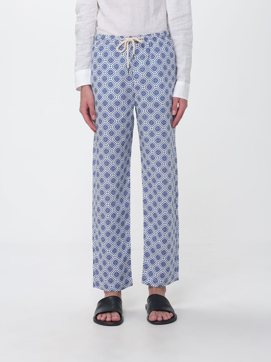 Peninsula Straight-leg Ethnic Pattern Linen Trousers With Drawstring In 블루 1