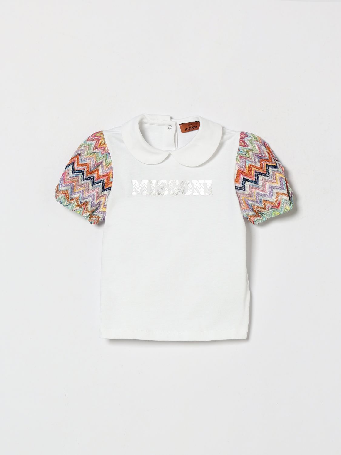 MISSONI Girl's Peter Pan Collar T-Shirt with Puff Sleeves and Zig-Zag Pattern