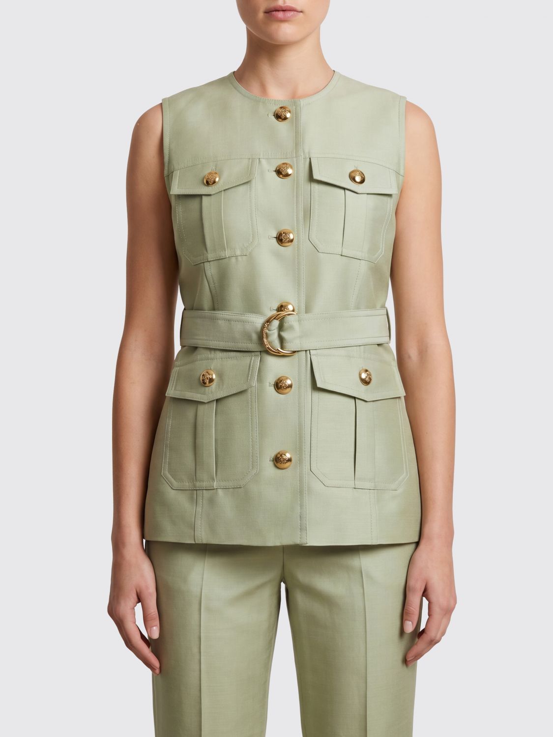 Zimmermann Tailored Wool And Silk Waistcoat With Belt And Metallic Buttons In Green
