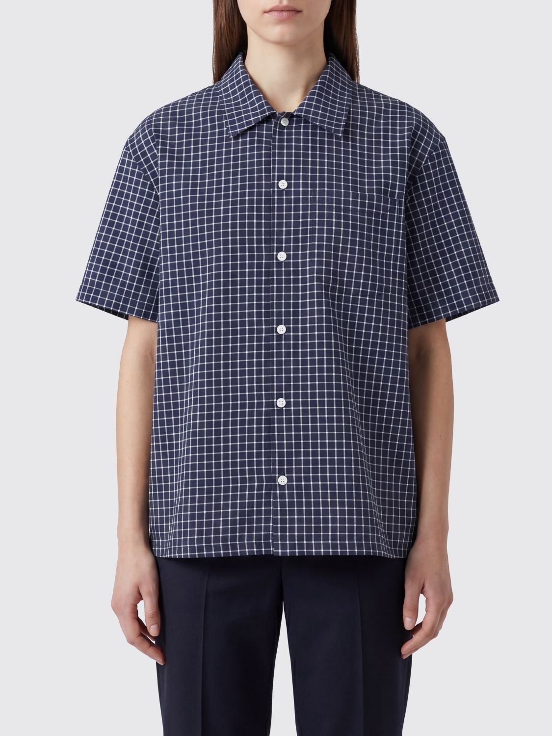 Dunst Check Pattern Cotton-Blend Shirt with Patch Pocket and Dropped Shoulders