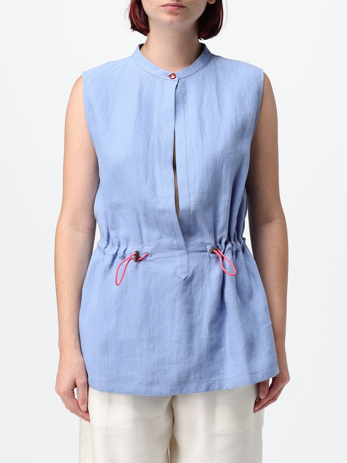 GIORGIO ARMANI Top smanicato in canapa con scollo a girocollo e coulisse in vita