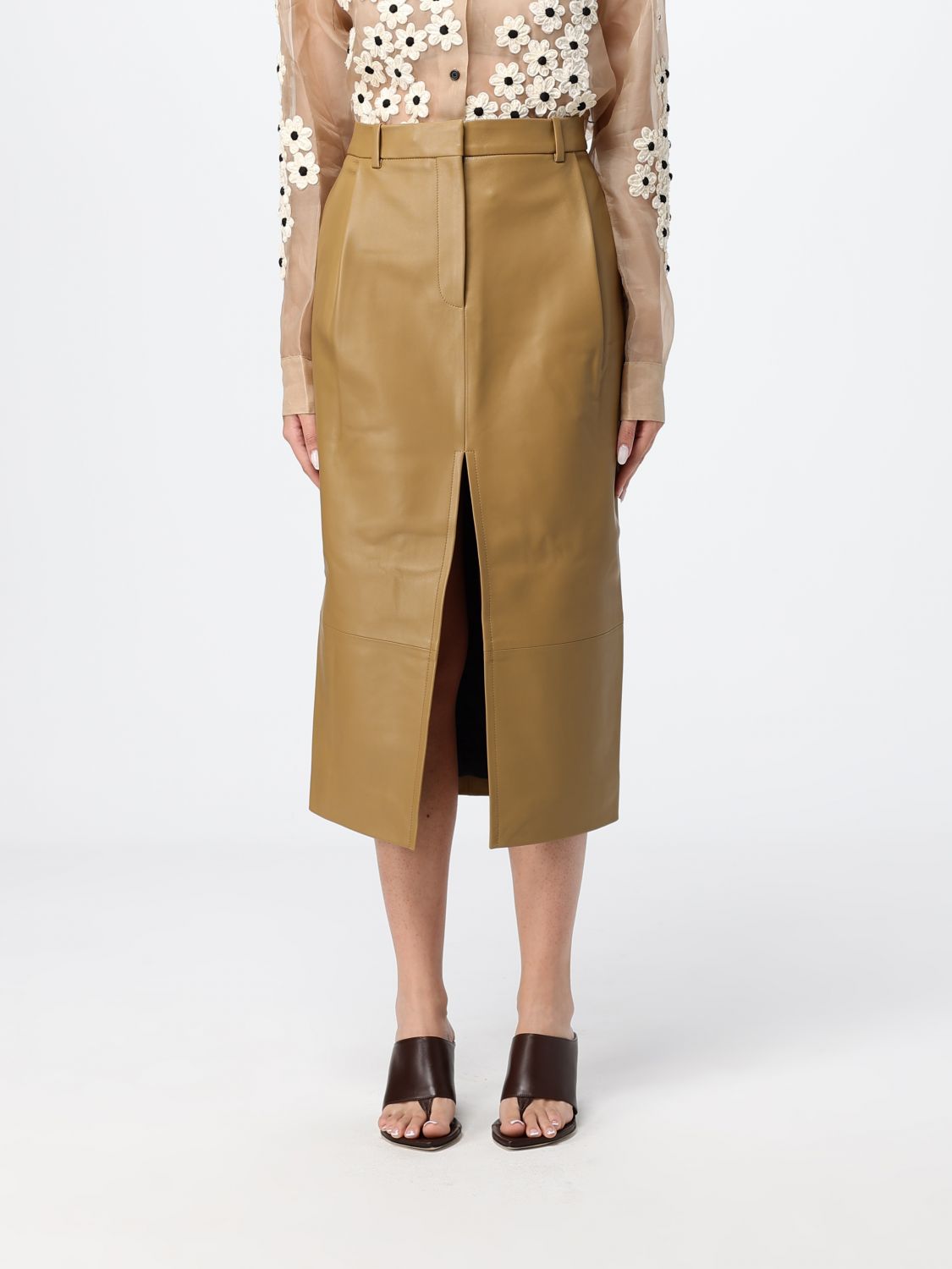 KHAITE Mid-Rise Leather Midi Pencil Skirt with Front Slit