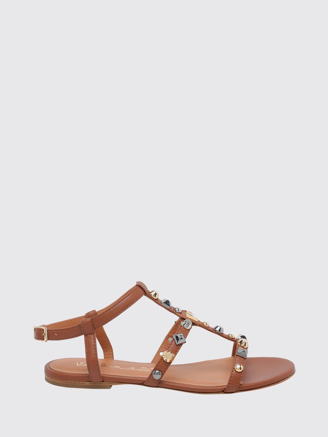 Via Roma 15 Flat T-Strap Smooth Calfskin Leather Sandals with Stud Application