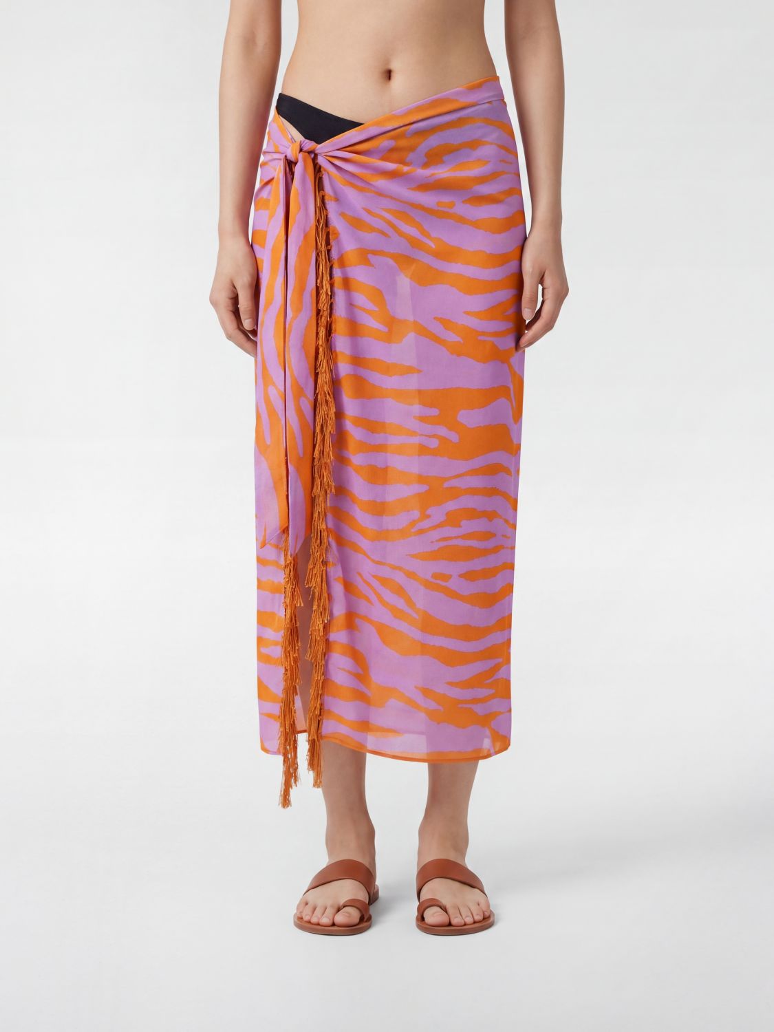 THE ATTICO Fringed Zebra-Print Cotton Midi Wrap Pareo Skirt　THE ATTICO フリンジ付きゼブラプリントコットンミディラップパレオスカート THE