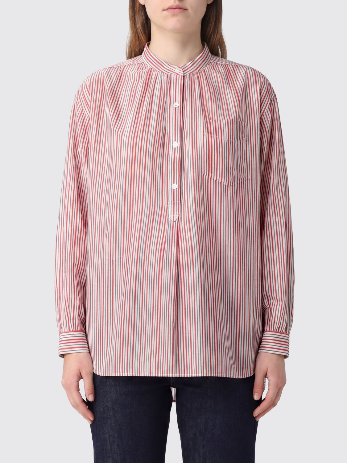 ISABEL MARANT ETOILE Striped Cotton Shirt with Mandarin Collar and Dropped Shoulders　ISABEL MARANT ETOILE マンダリンカラーとドロップショルダーのストライプコットンシャツ ISABEL