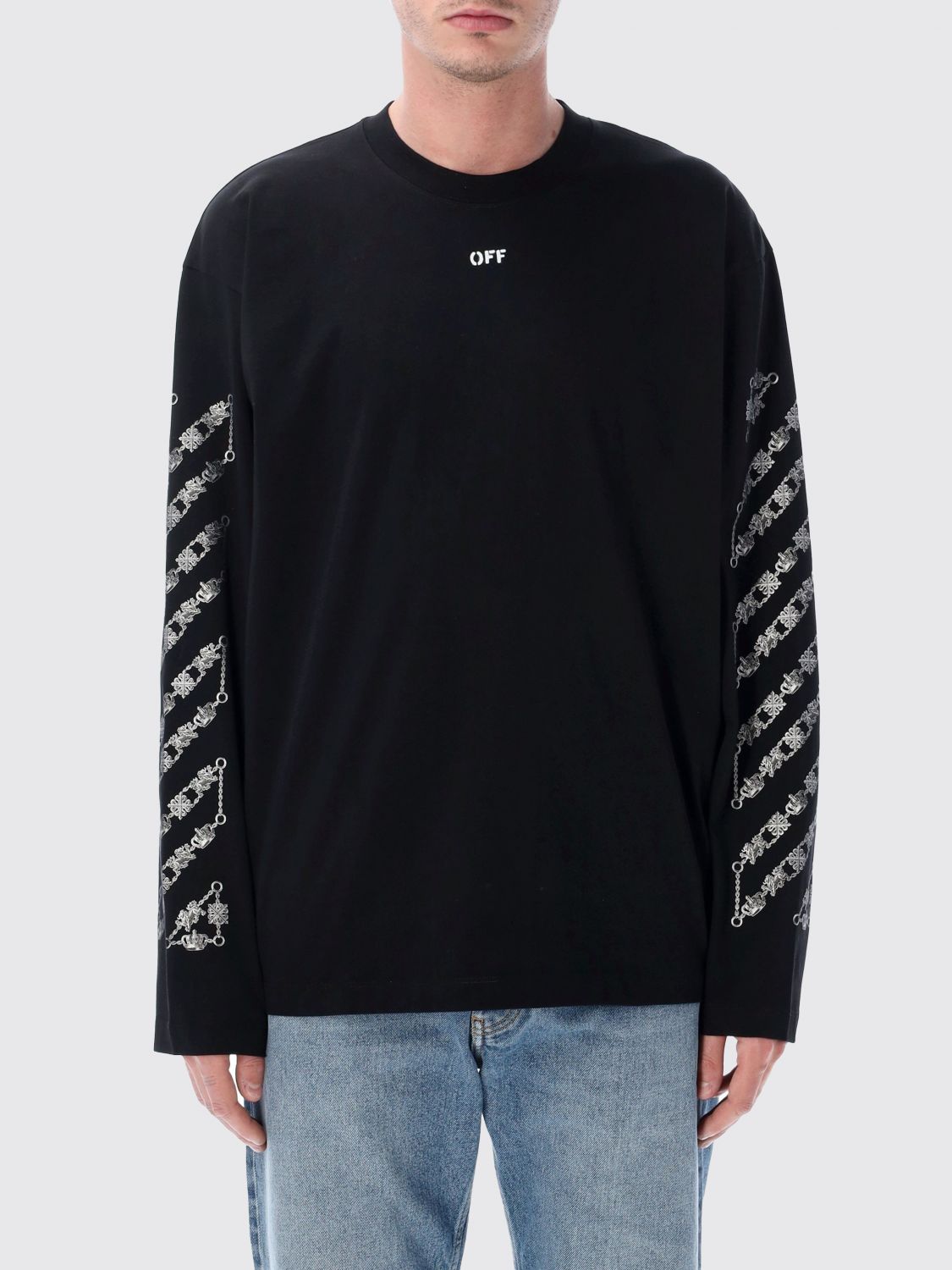 Off-White Long-Sleeved Cotton T-Shirt with Arrow and Diagonal Print　矢印と斜めのプリント付きオフホワイト 長袖 コットン T シャツ Off-White