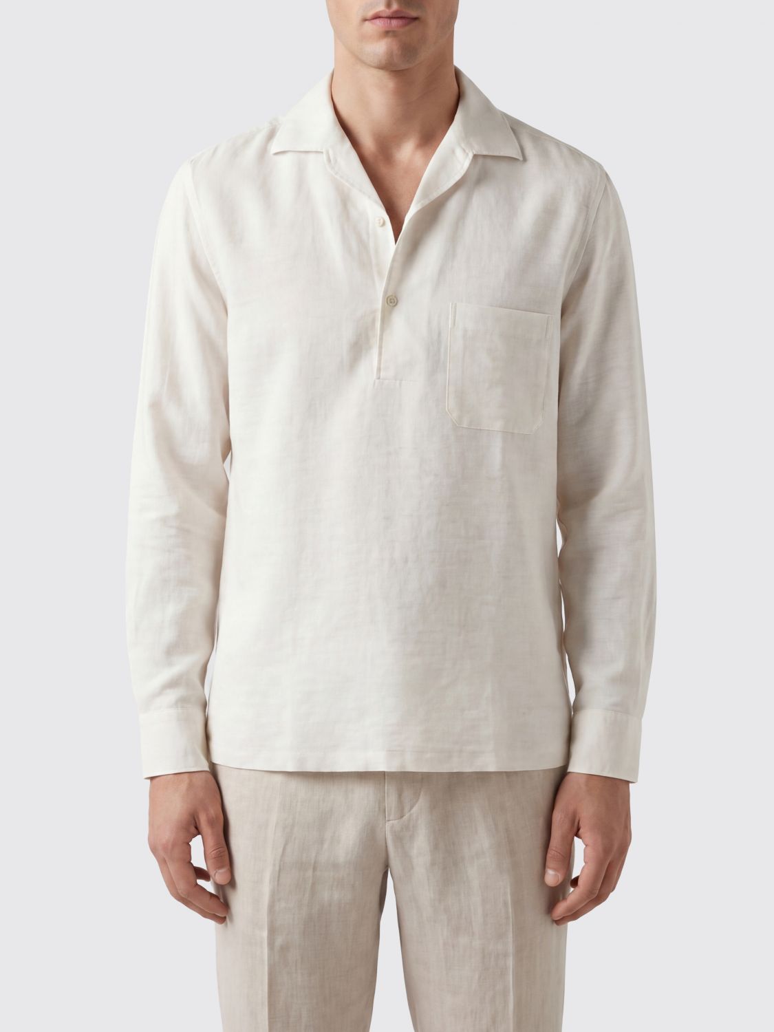 LARDINI Long-Sleeved Linen and Cashmere Polo Shirt with Cuban Collar　LARDINI ラルディーニ キューバ襟付き リネン＆カシミヤ 長袖ポロシャツ LARDINI