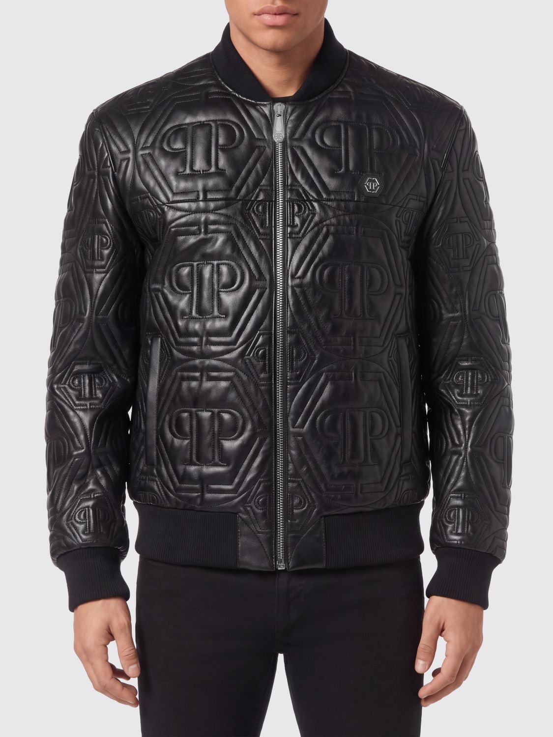 Philipp Plein Quilted Calfskin Leather Bomber Jacket with Tonal Hexagon Logo