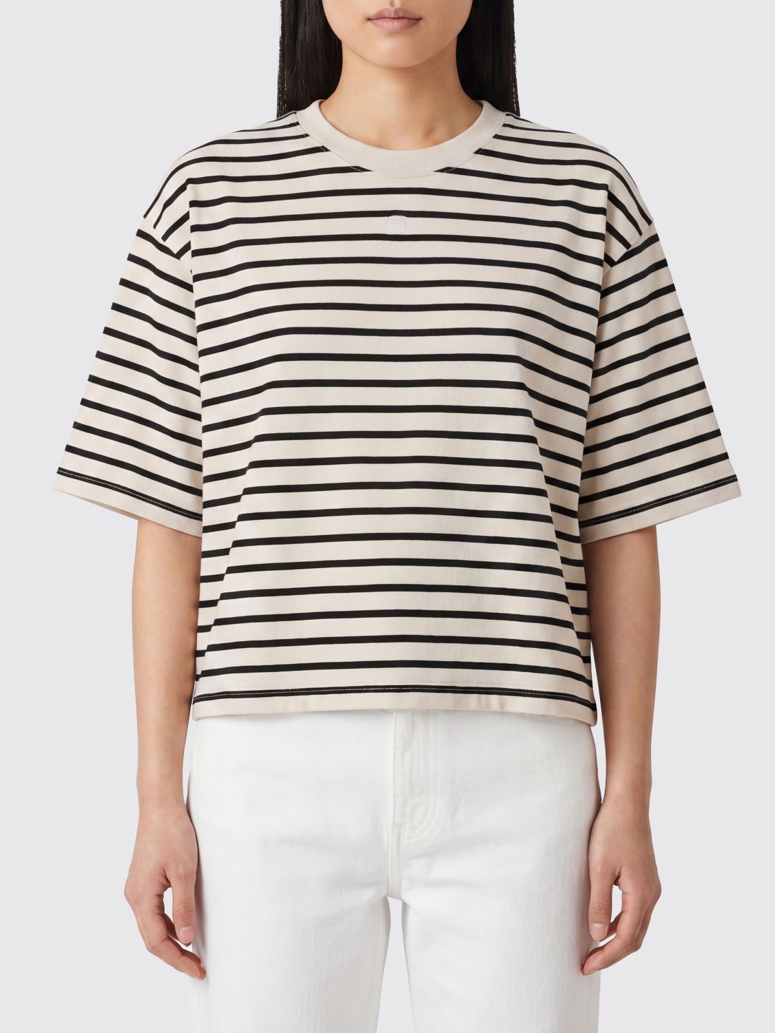 ANINE BING T-shirt cropped a righe in misto cotone con spalle scese