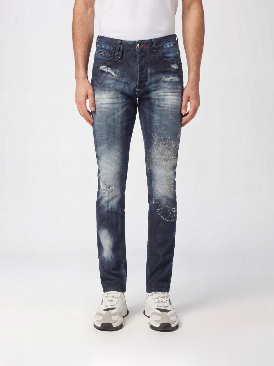 PHILIPP PLEIN Jeans skinny Dragon Strass in denim di cotone con ricami