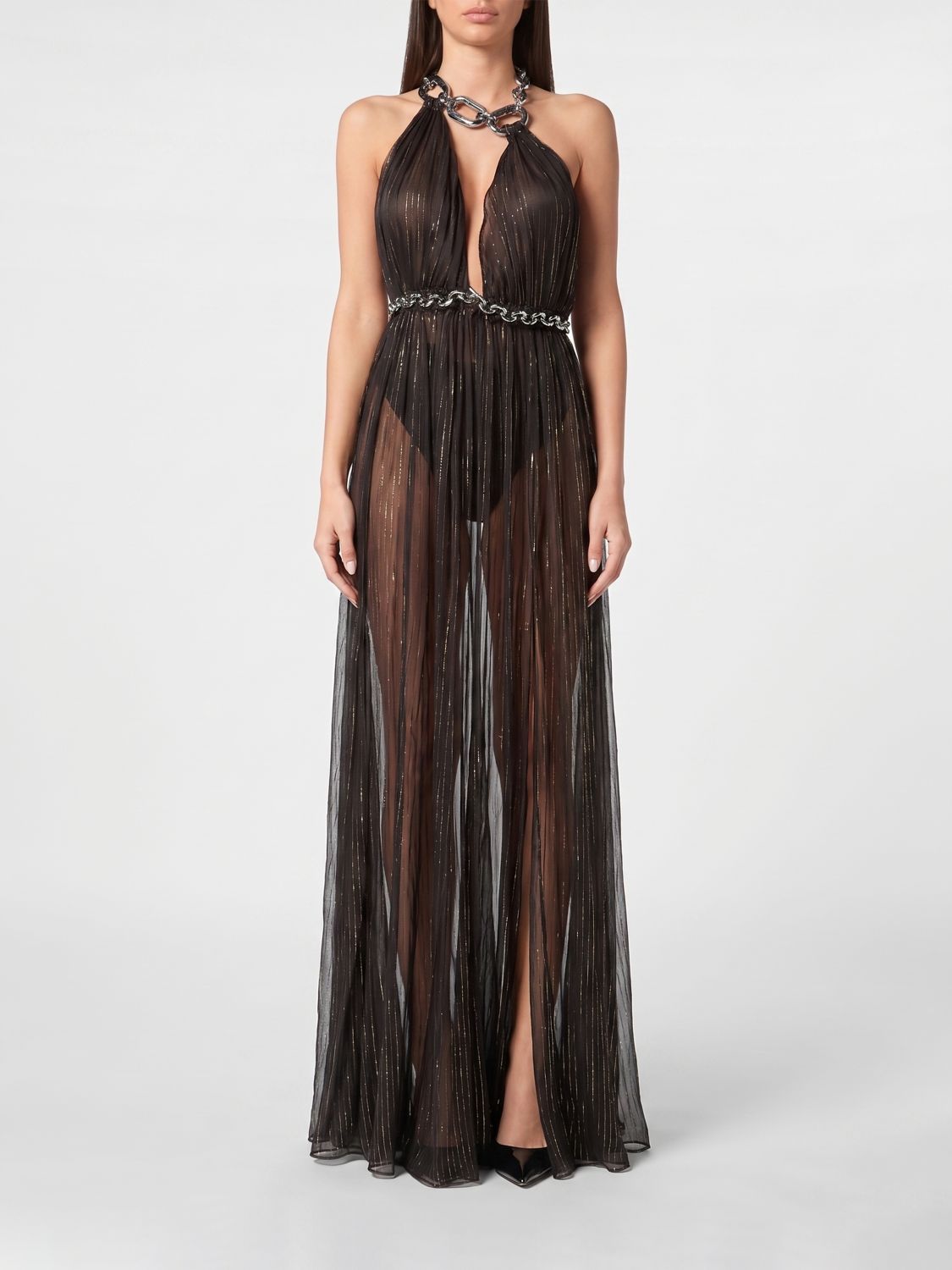 PHILIPP PLEIN Long Evening Dress in Chiffon with Halter Neck and Slit
