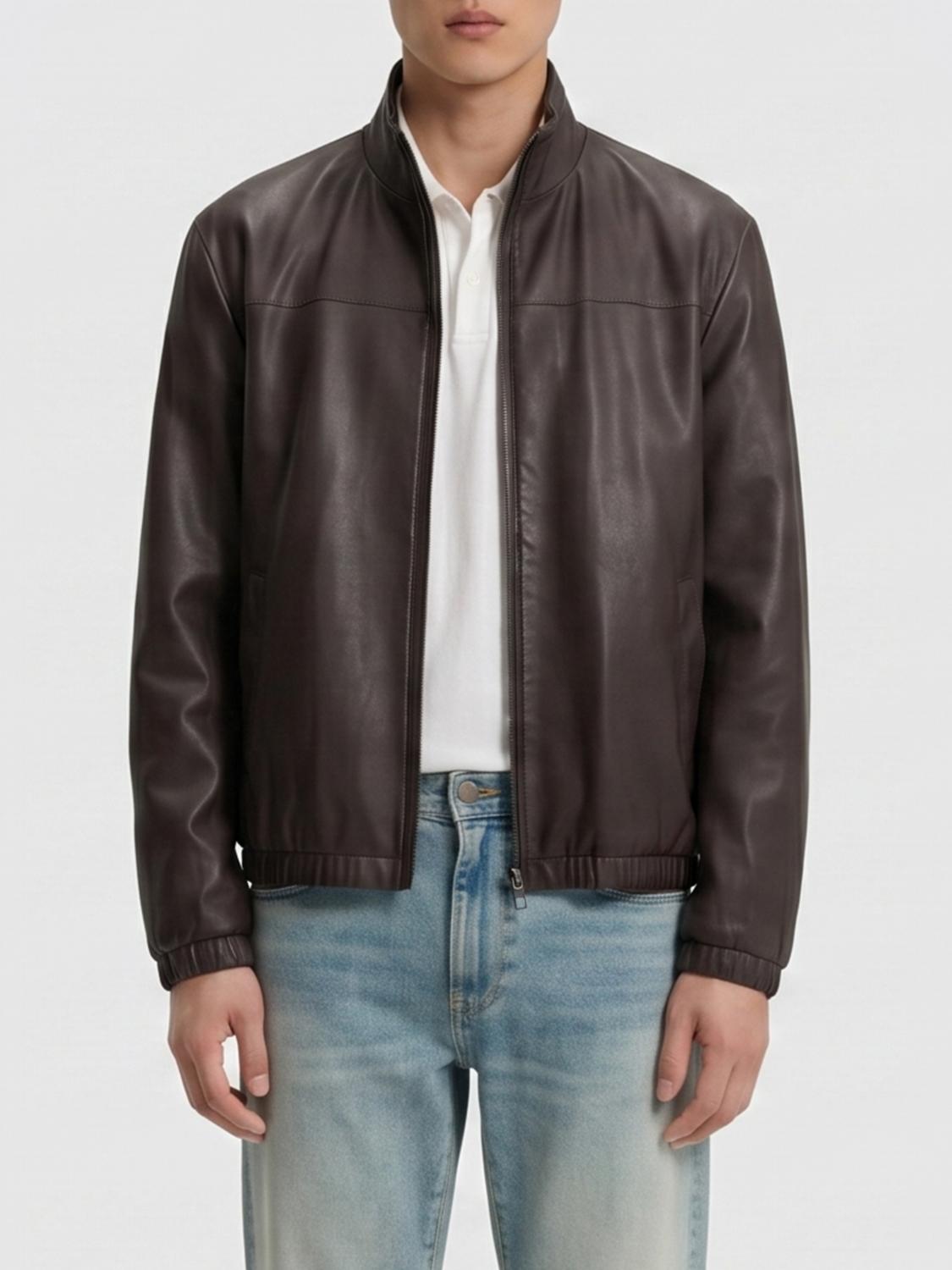 BOSS Vintage-Style Leather Jacket with High Collar and Elasticated Hem
