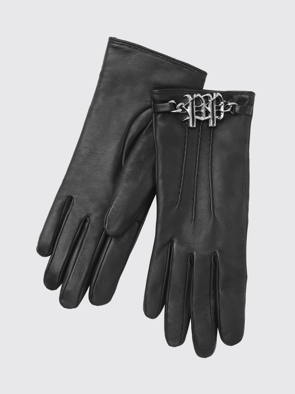 PHILIPP PLEIN Nappa Leather Gloves with Monogram Pattern and Hexagon Logo Buckle