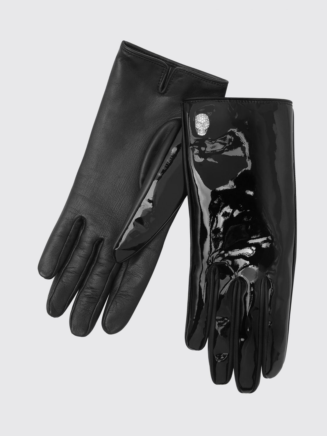 PHILIPP PLEIN Patent Leather Gloves with Skull Print and Rhinestone Application
