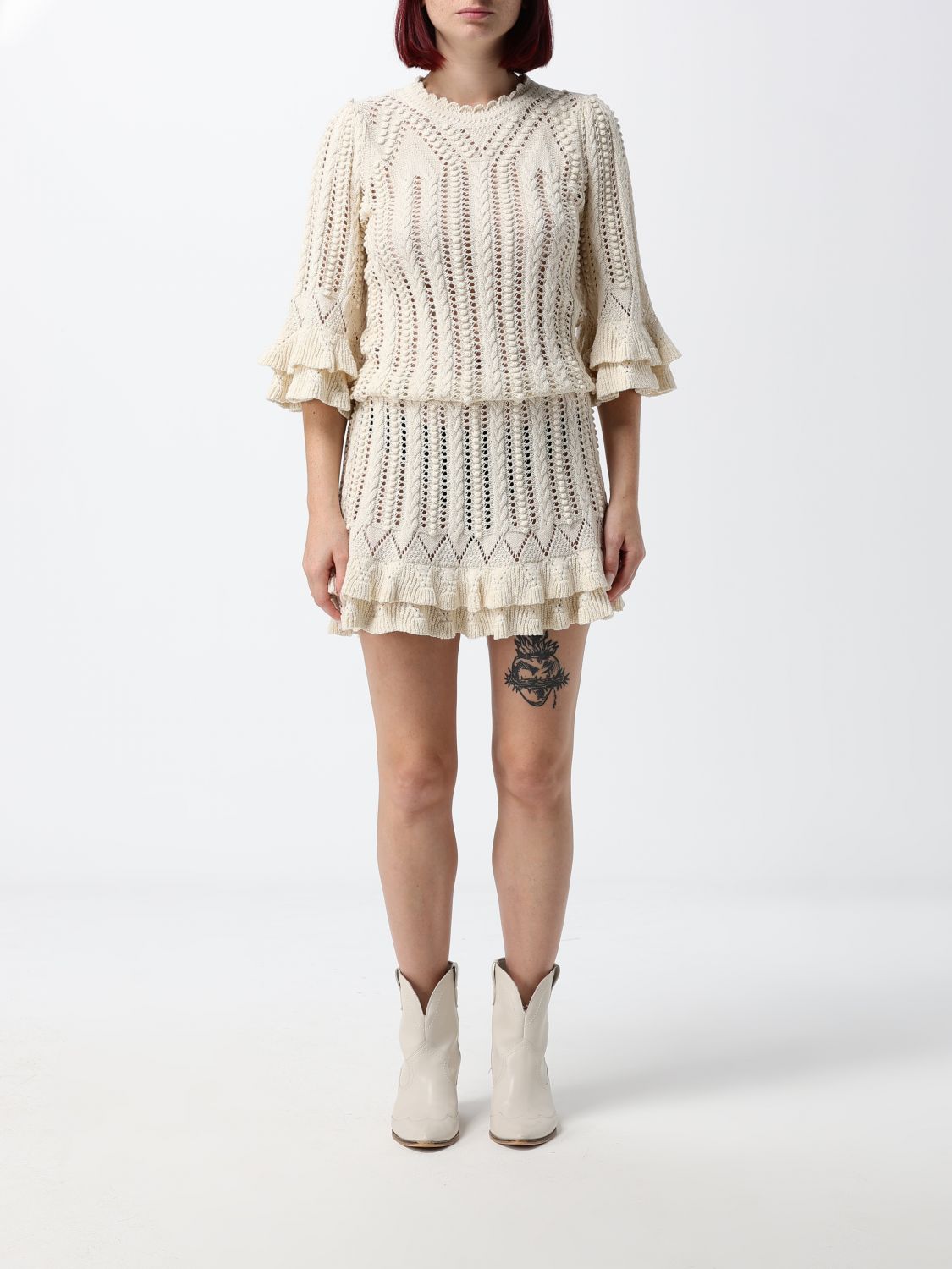 ISABEL MARANT ETOILE Mini Knit Cotton Dress with Ruffles and Short Sleeves