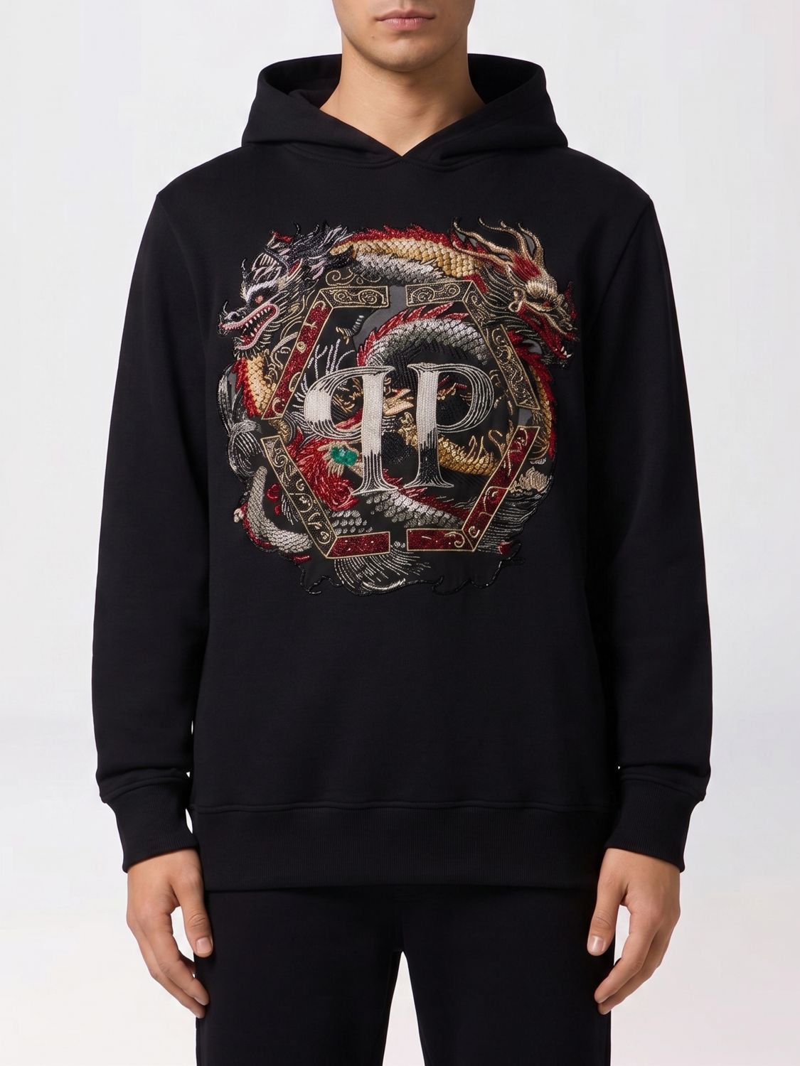 PHILIPP PLEIN Felpa con cappuccio in cotone con ricamo e cristalli