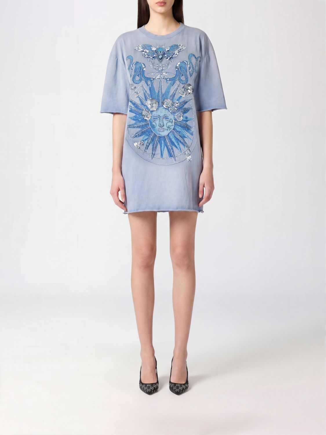PHILIPP PLEIN Butterfly Tattoo Mini Sheath Dress in Cotton with Sequin Embroidery