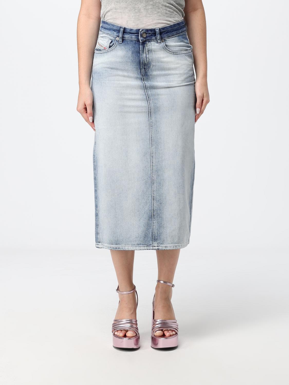 DIESEL Bleached Denim Midi Pencil Skirt with Back Slit