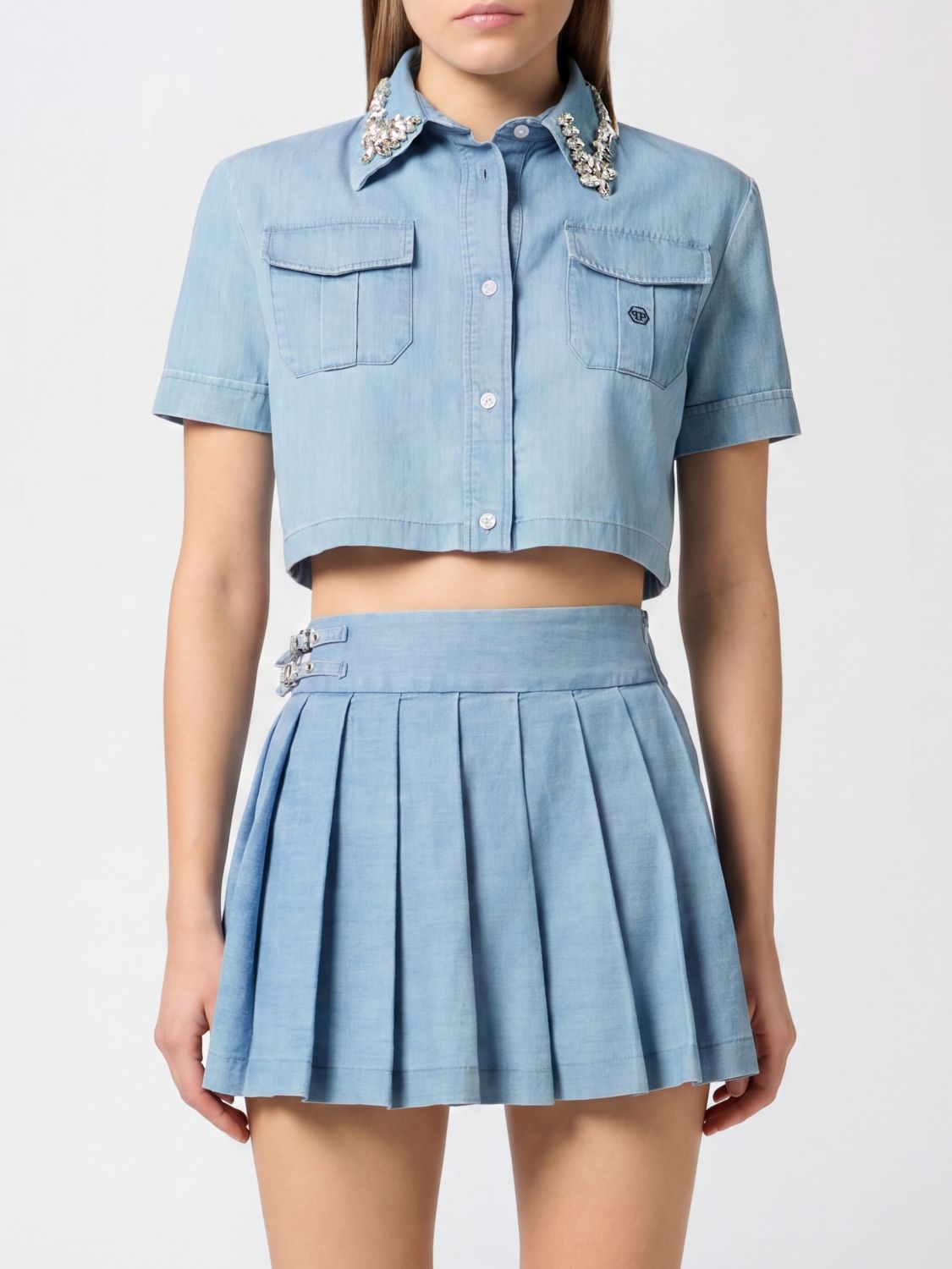 Philipp Plein Cropped Fit Short-sleeved Cotton Shirt With Rhinestones In Blue