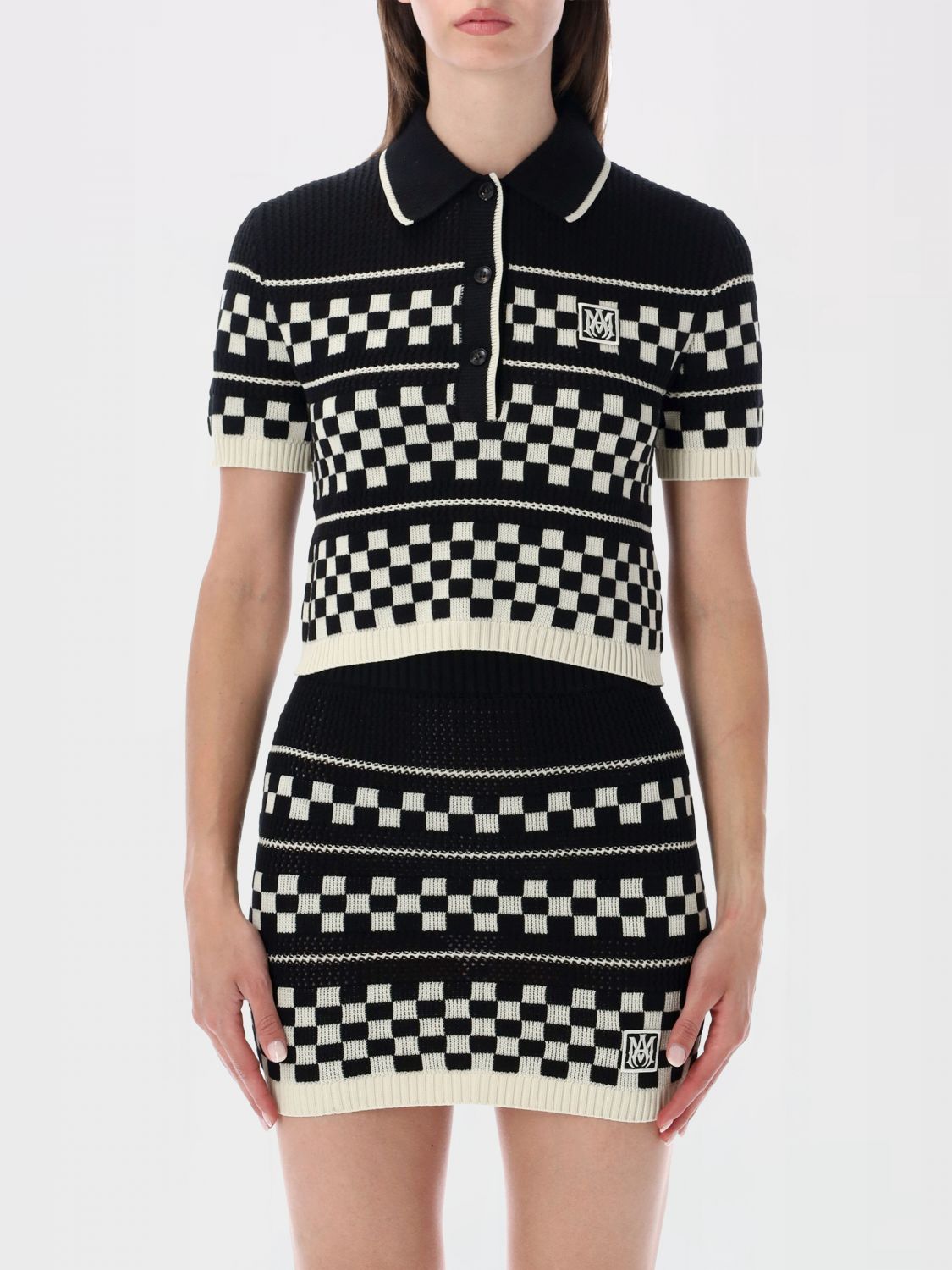 AMIRI Check Wool Knit Short-Sleeve Polo Shirt with French Collar