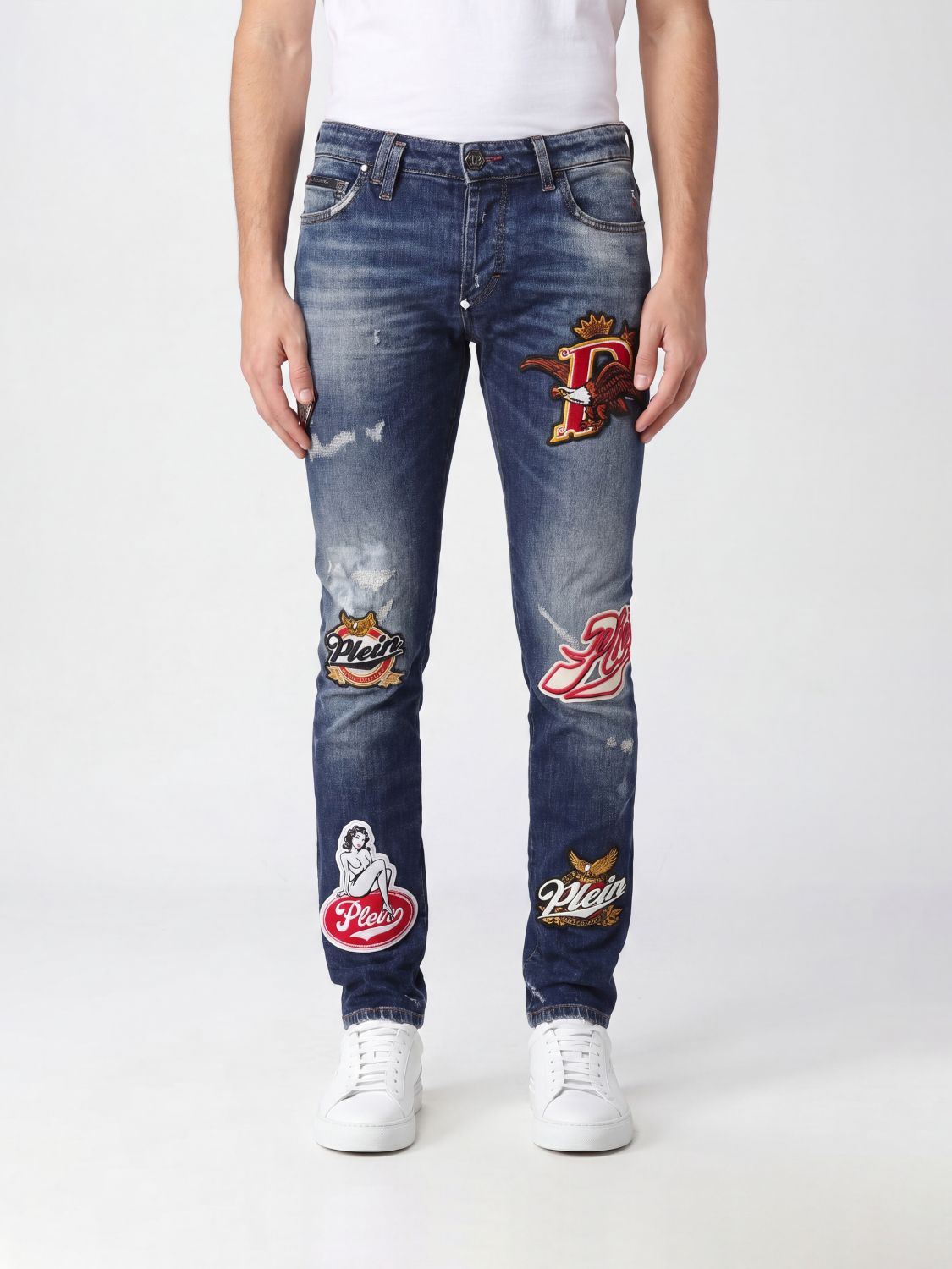 Philipp Plein Skinny Fit Jeans in Cotton Denim with Worn Effect