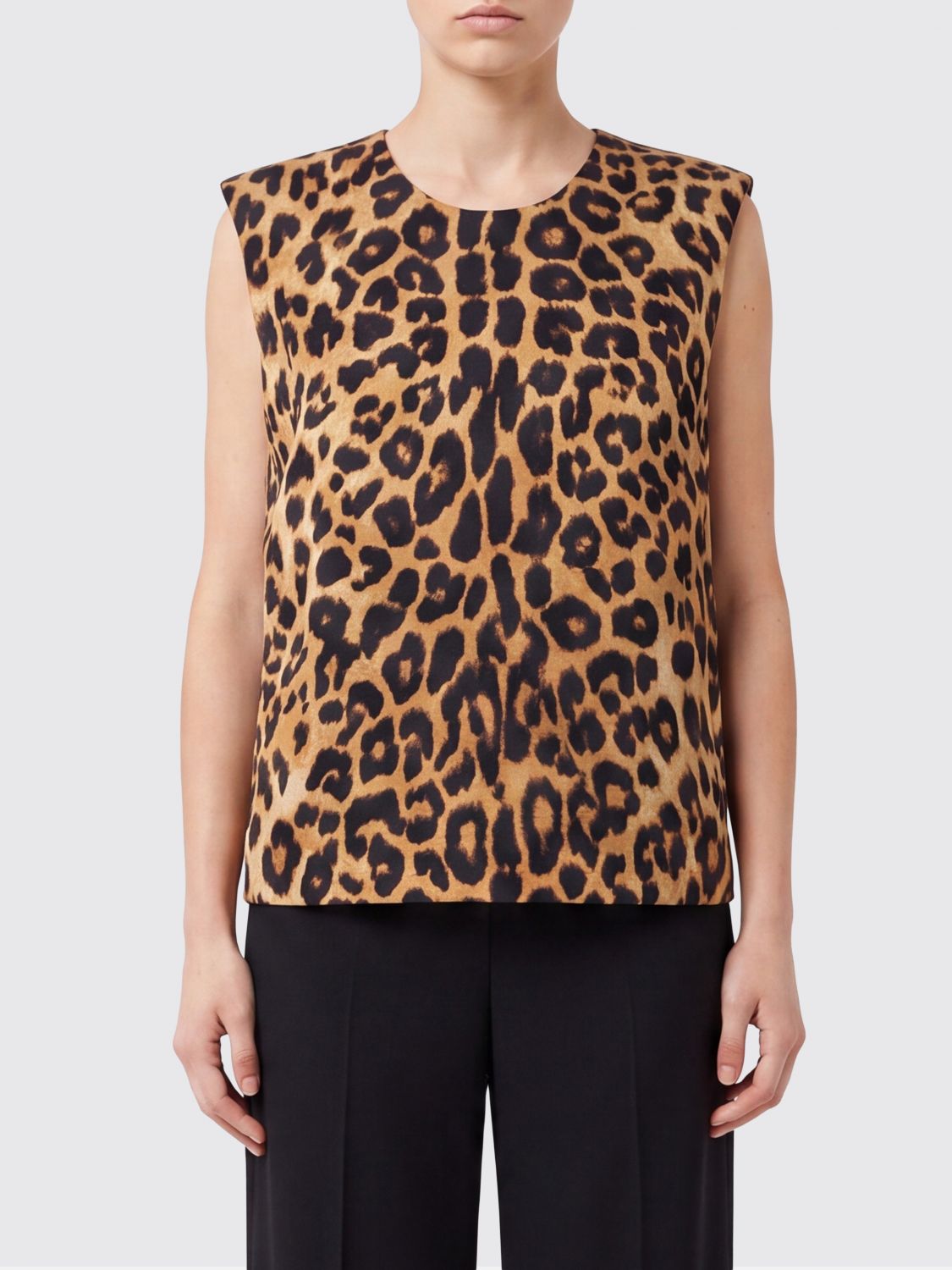 ALBERTA FERRETTI Animal Print Silk Sleeveless Top with Crew Neck