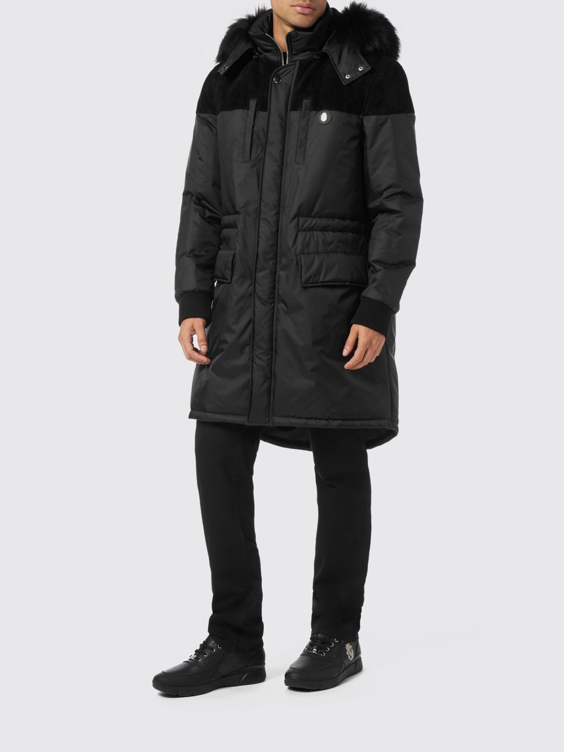 BILLIONAIRE Knee-Length Padded Nylon Parka with Hood and Fur Collar BILLIONAIRE Knee-Length Padded Nylon Parka with Hood and Fur Collar