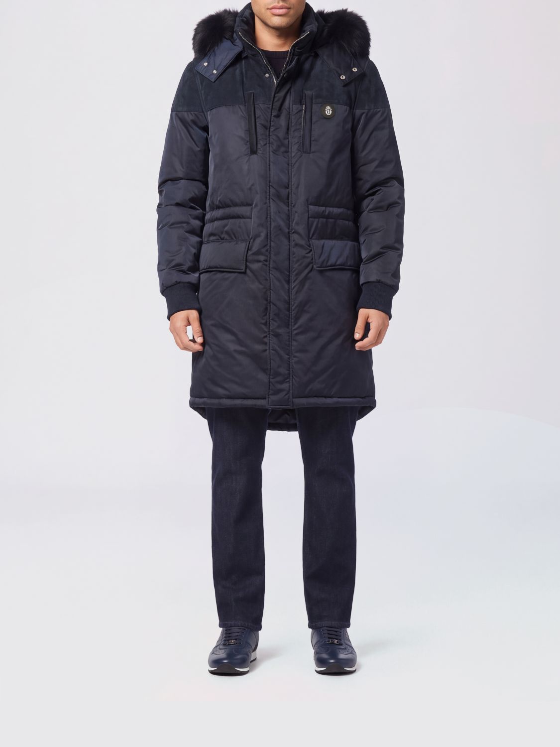 BILLIONAIRE Knee-Length Padded Nylon Parka with Hood and Fur Collar BILLIONAIRE Knee-Length Padded Nylon Parka with Hood and Fur Collar