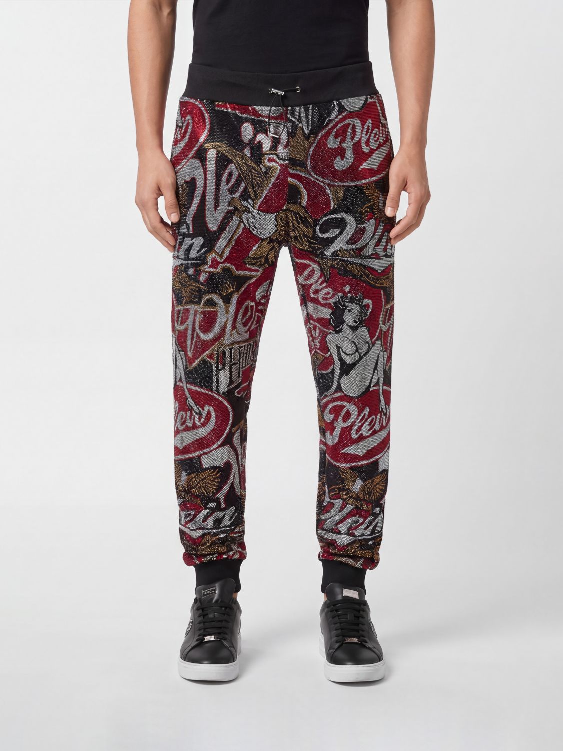 PHILIPP PLEIN Rhinestone Jersey Track Pants with Drawstring Waist
