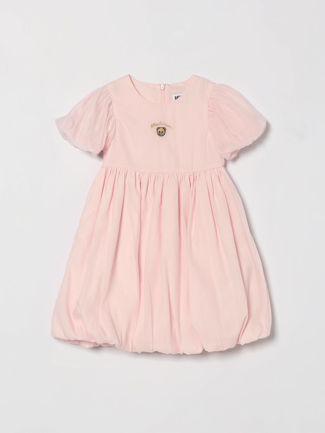 MOSCHINO Abito corto da bambina in crêpe con maniche a palloncino e stampa Teddy