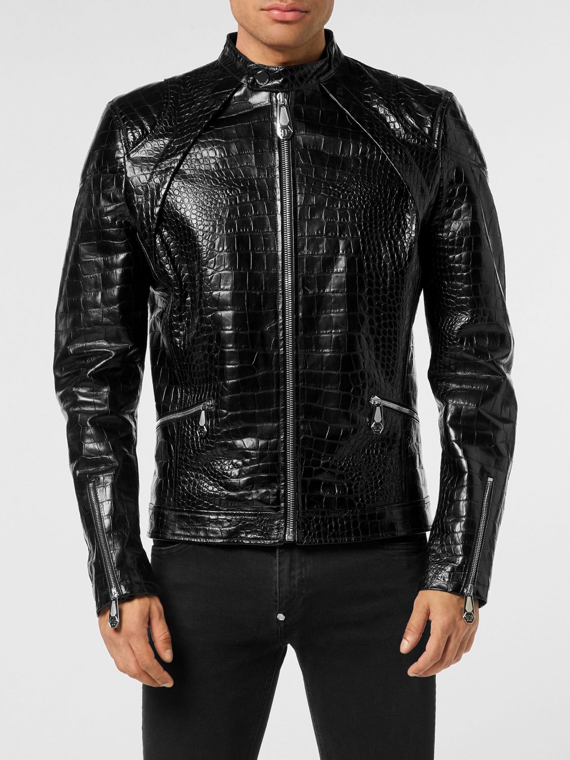 Philipp Plein Slim-Fit Biker Jacket in Croc-Embossed Calfskin Leather