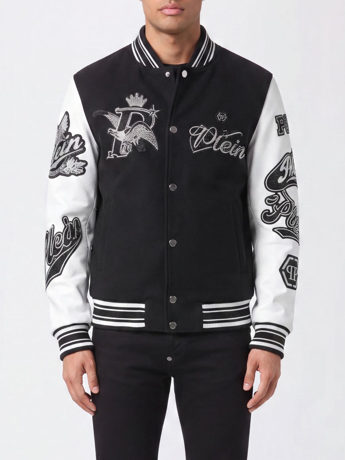 PHILIPP PLEIN College Bomber Jacket in Calfskin with Embroidered Logo and Contrast Trim