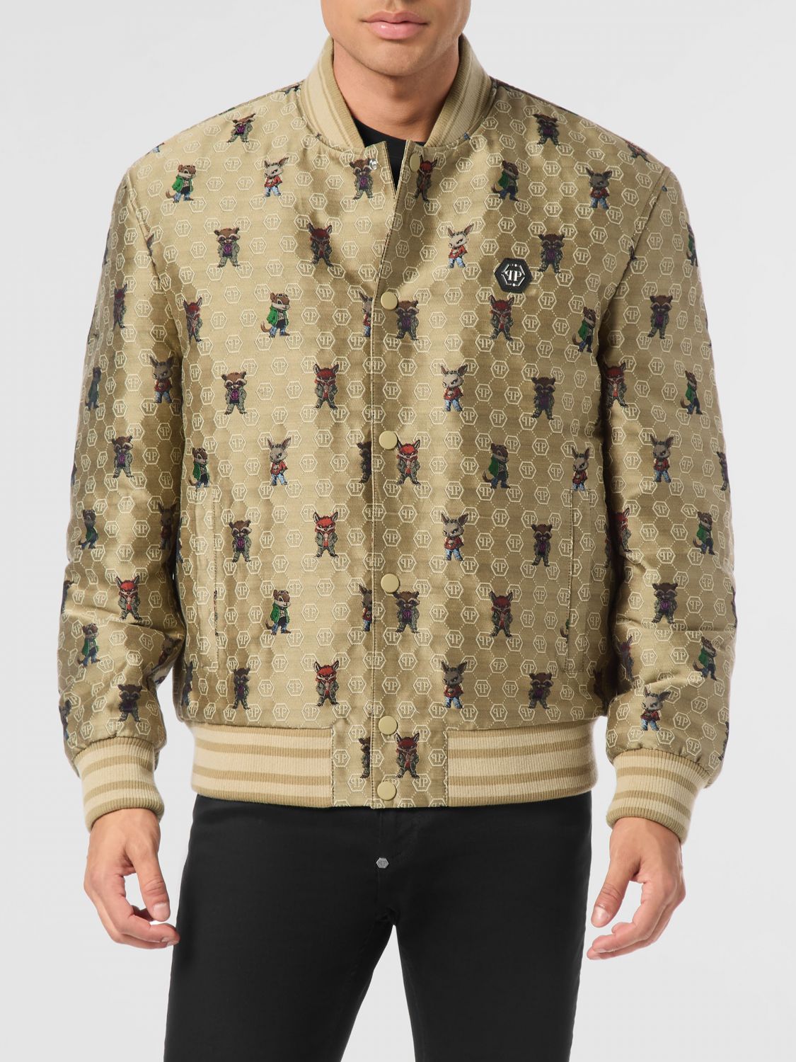 PHILIPP PLEIN All-Over Monogram Print Bomber Jacket with Hexagon Logo Patch