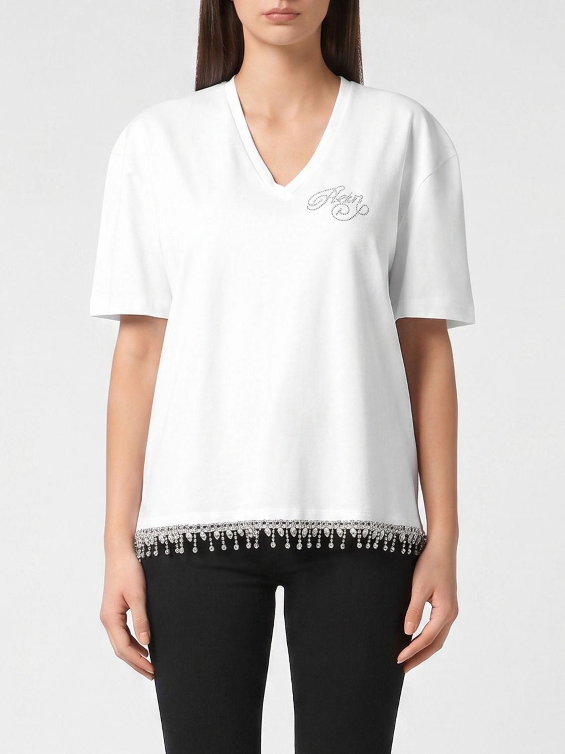 PHILIPP PLEIN Cotton V-Neck T-Shirt with Rhinestone Logo and Fringed Hem