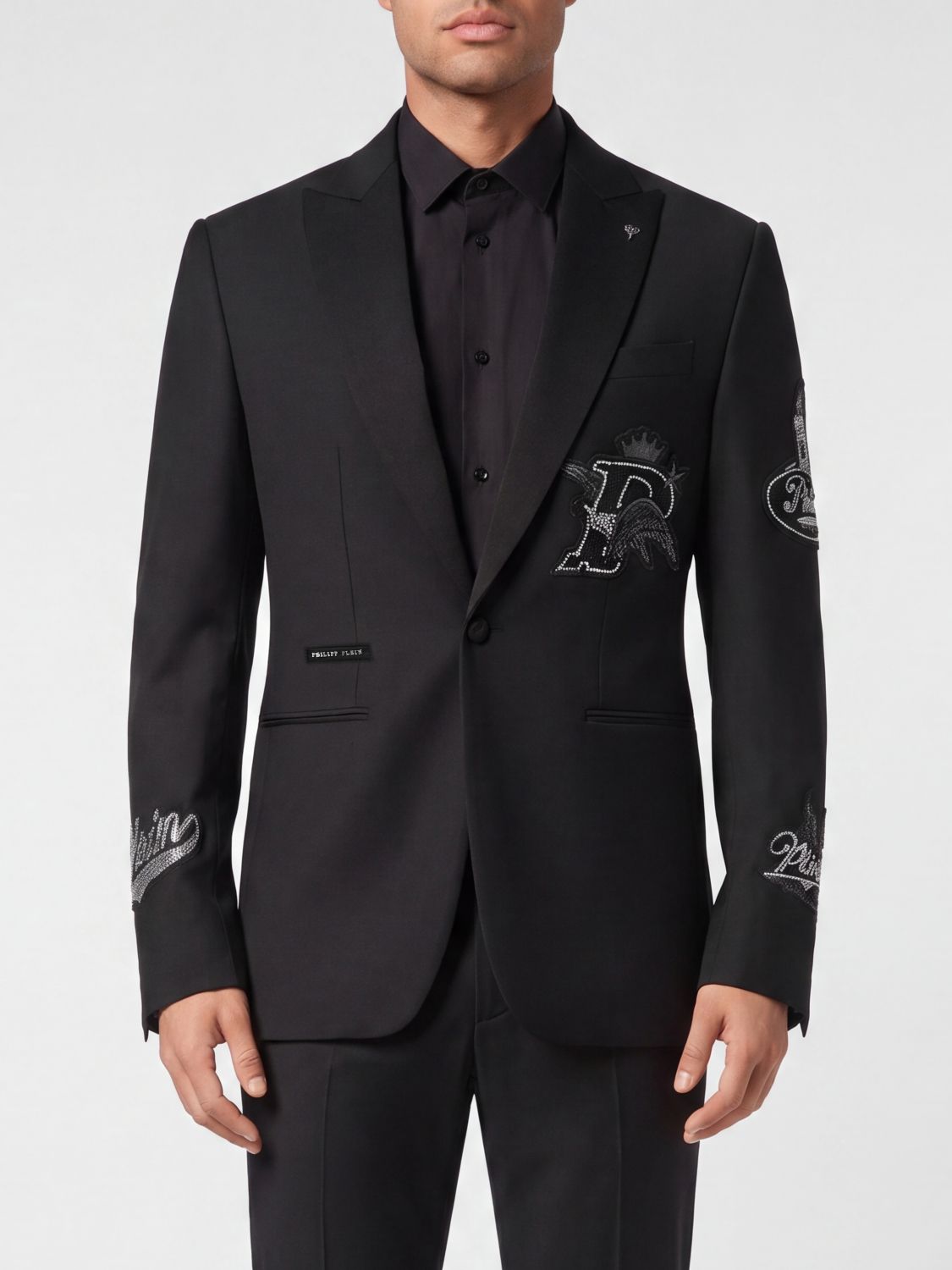 PHILIPP PLEIN Einreihiger Wollmisch-Blazer mit steigendem Revers und Logo-Patch