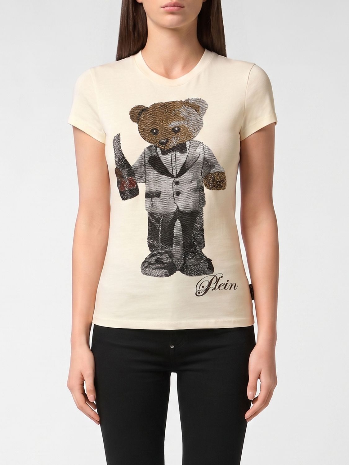 PHILIPP PLEIN Slim Fit Teddy Bear Print Cotton T-Shirt with Rhinestones