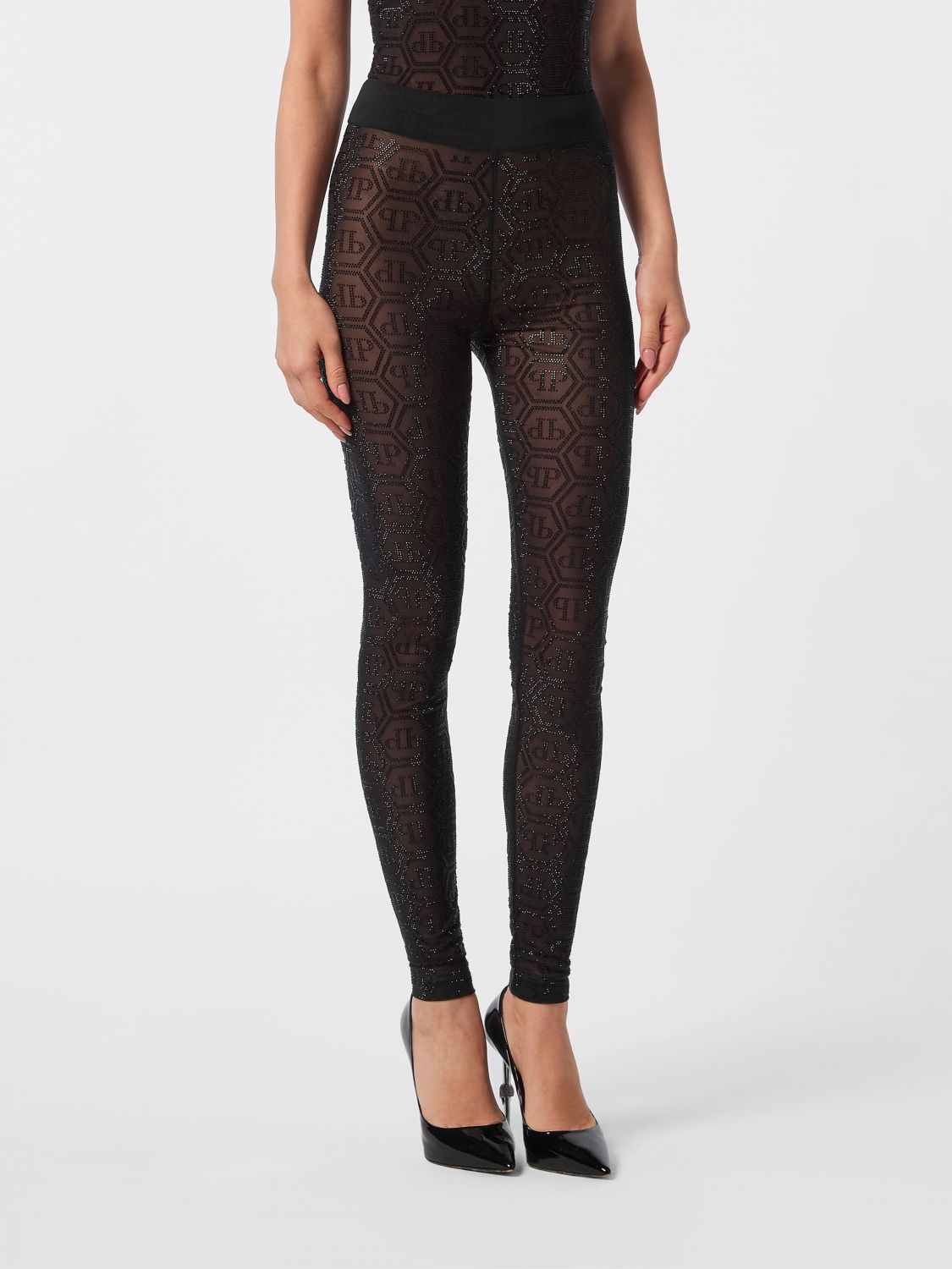 Philipp Plein High-Waisted Sheer Tulle Leggings with Rhinestone Logo · M