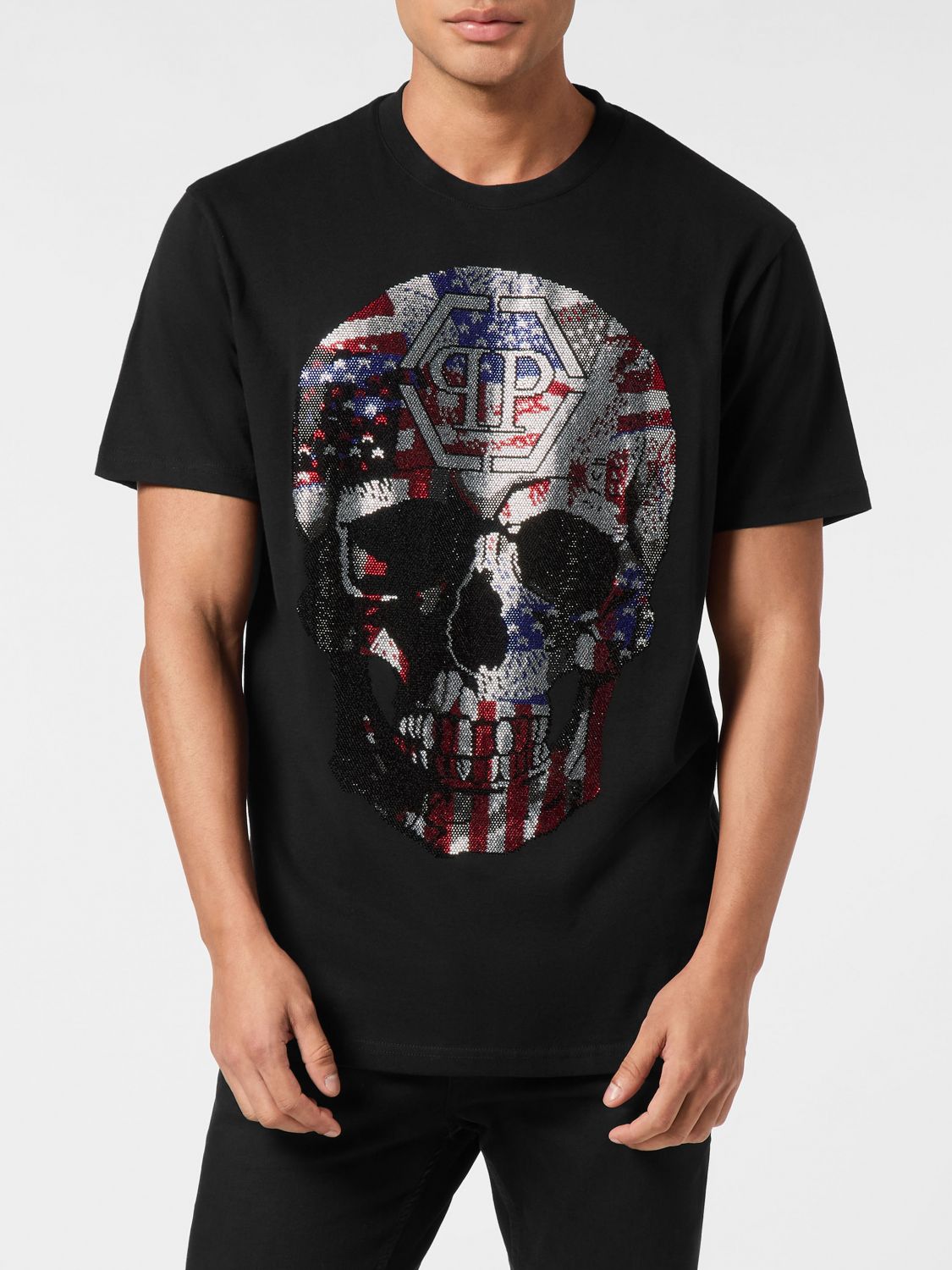 PHILIPP PLEIN T-Shirt aus Baumwolljersey mit Totenkopf-Print und Strass-Logo