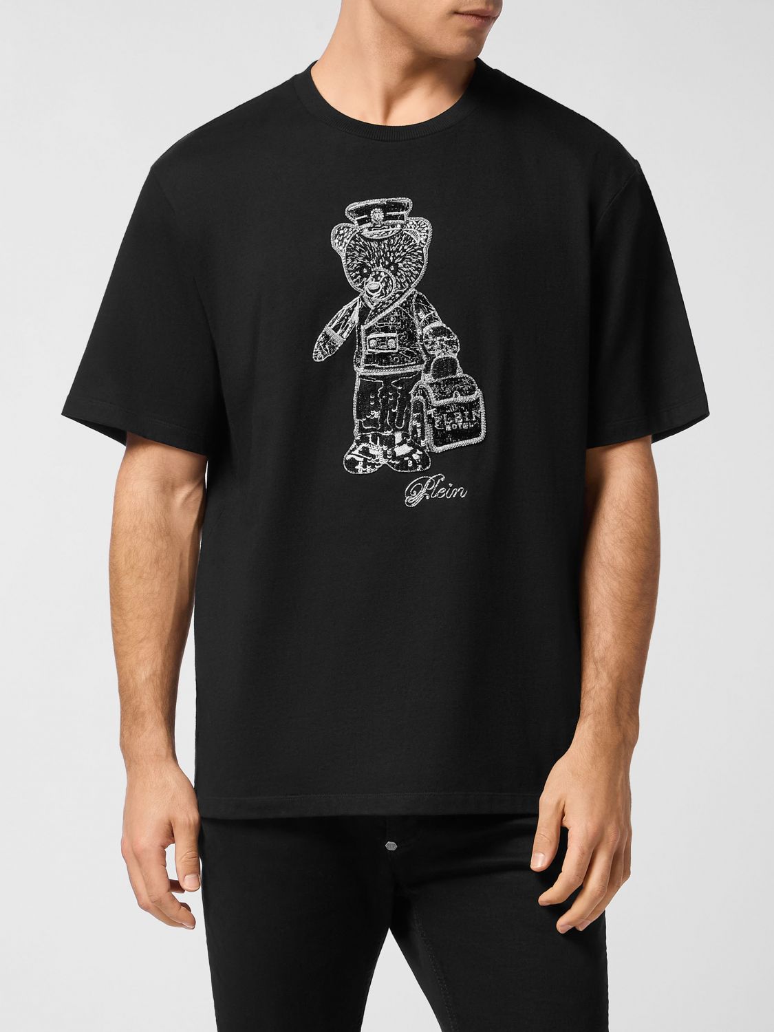 Philipp Plein Teddy Bear Embroidered Cotton T-Shirt with Appliqués