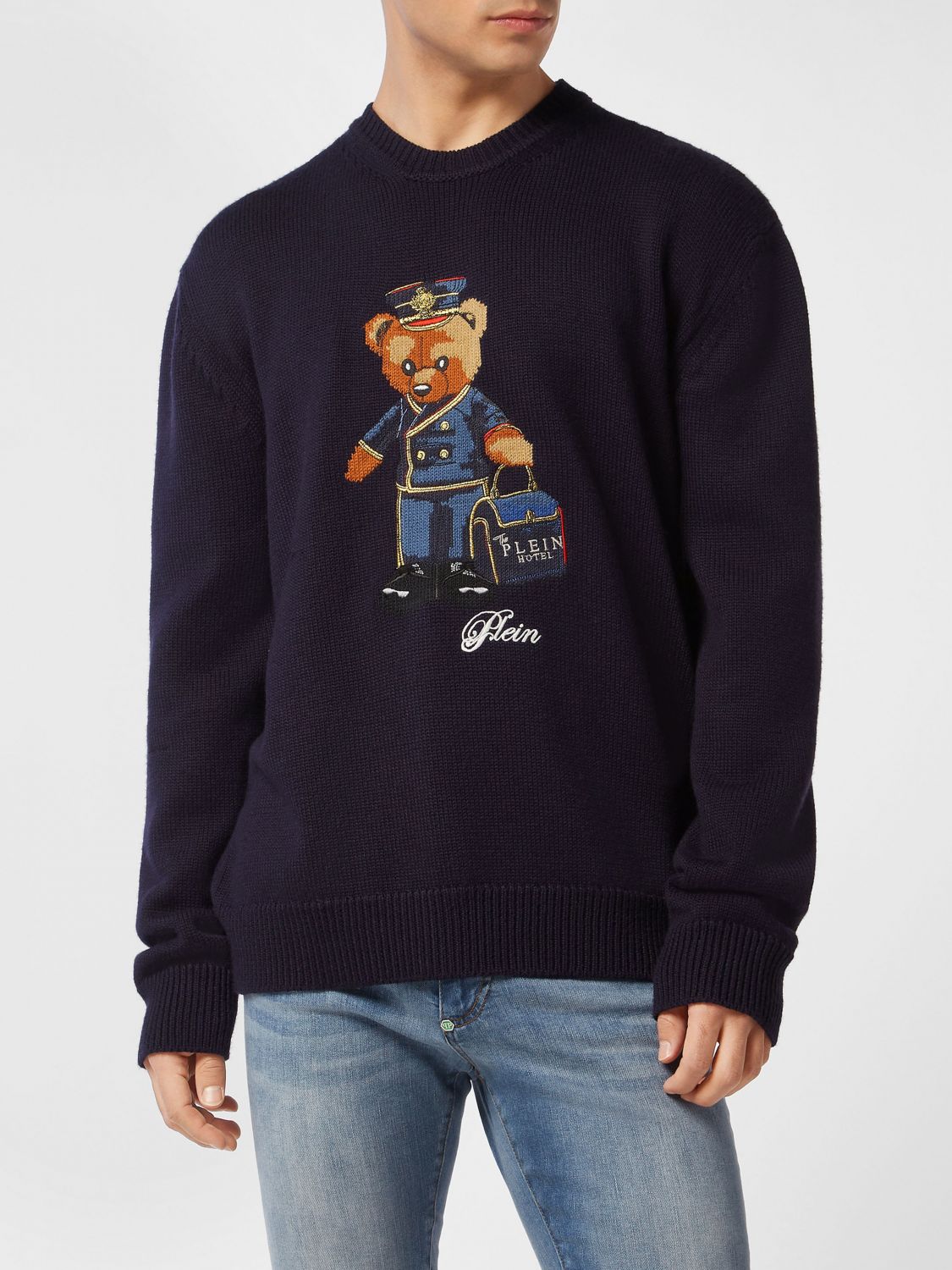 Philipp Plein Wool Crewneck Jumper with Teddy Bear Print and Dropped Shoulders
