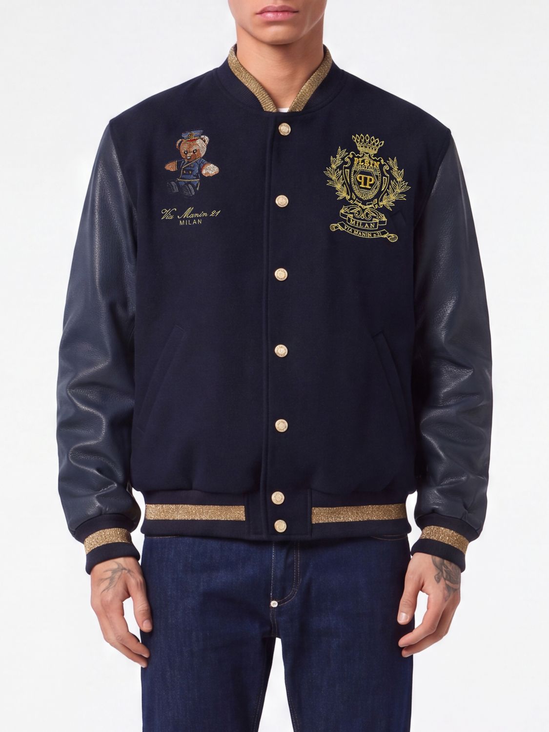 PHILIPP PLEIN College Shearling Bomber Jacket with Teddy Bear Embroidery and Contrast Trim