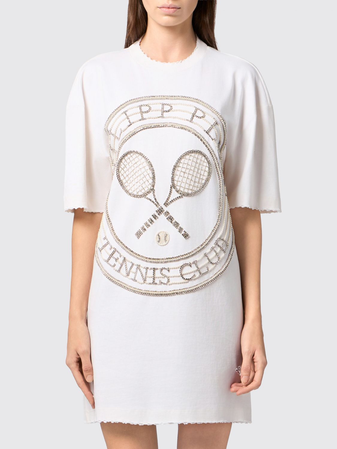 PHILIPP PLEIN Tennis Club Cotton Sheath Mini Dress with Rhinestone Logo