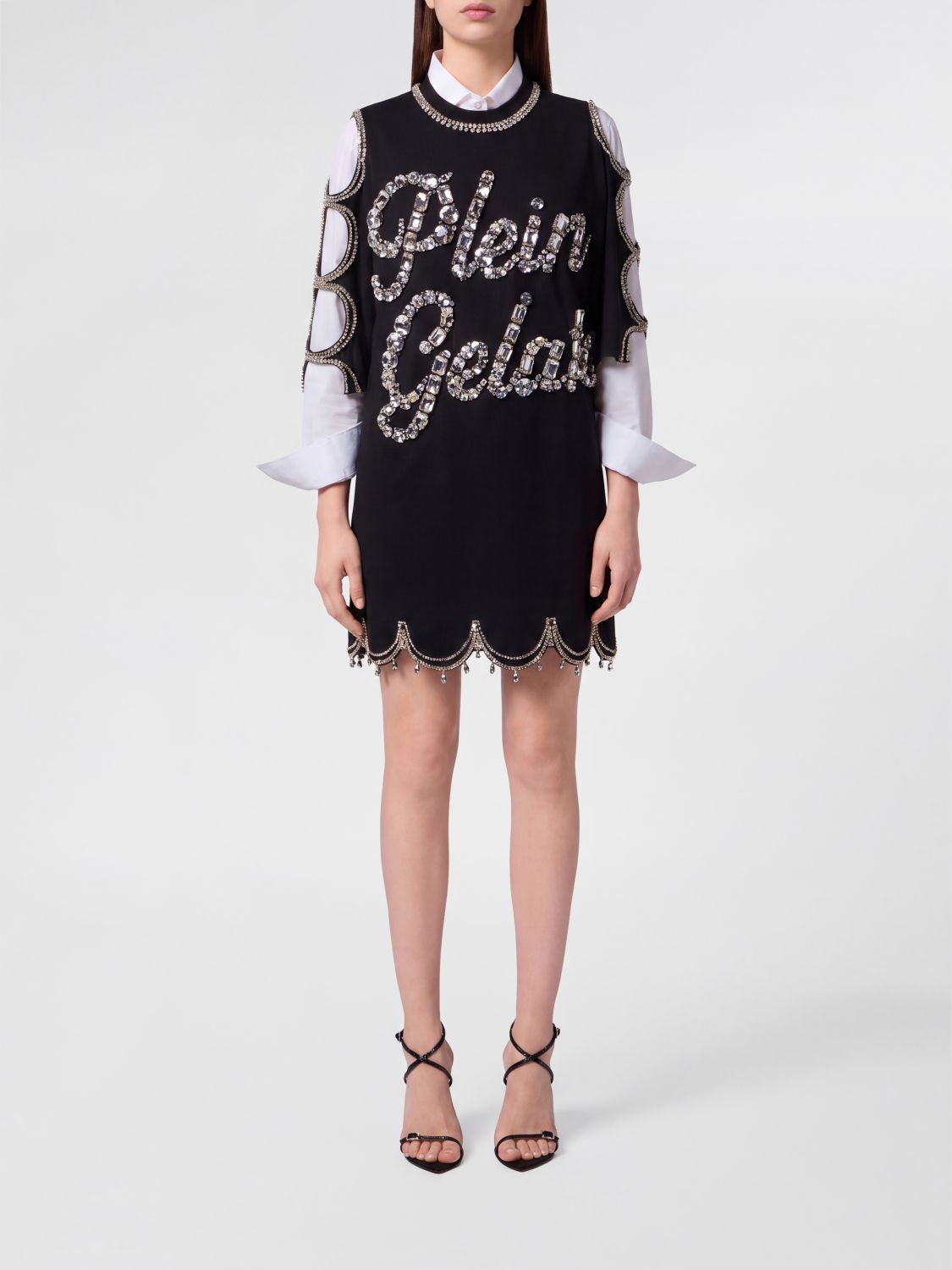 PHILIPP PLEIN Cut-Out Cotton Sheath Mini Dress with Rhinestones