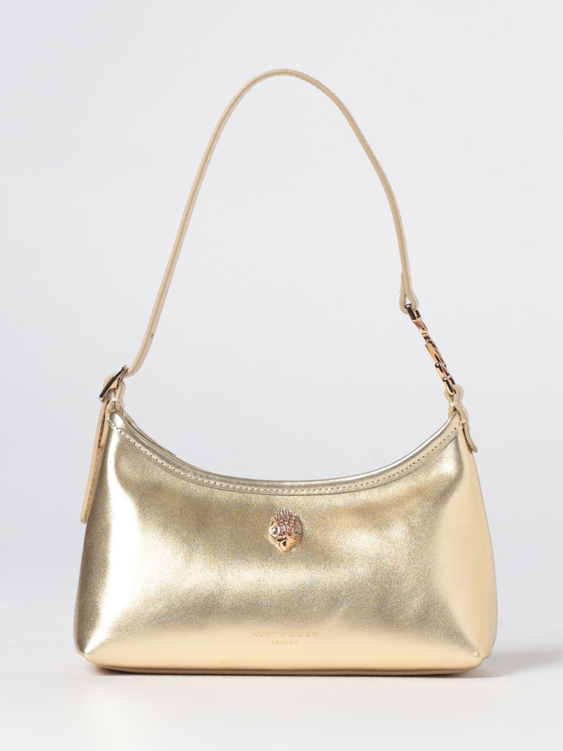 KURT GEIGER LONDON Mini borsa a spalla in pelle laminata oro con logo di strass