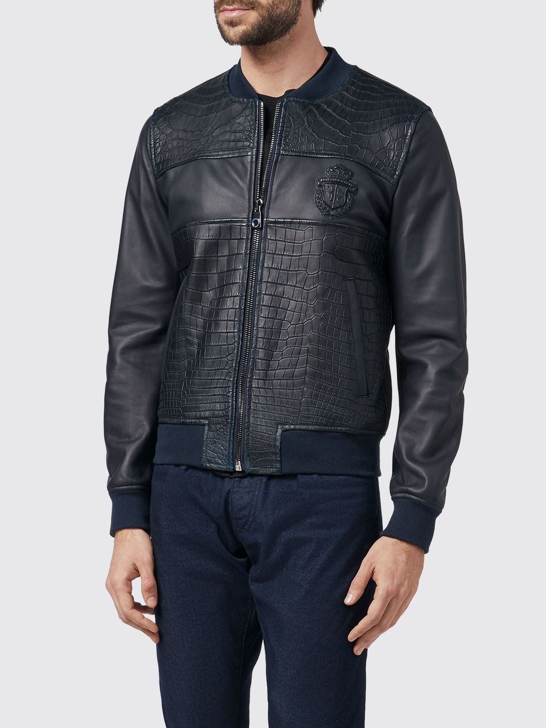 BILLIONAIRE Crocodile and Nappa Leather Bomber Jacket with Crest Logo