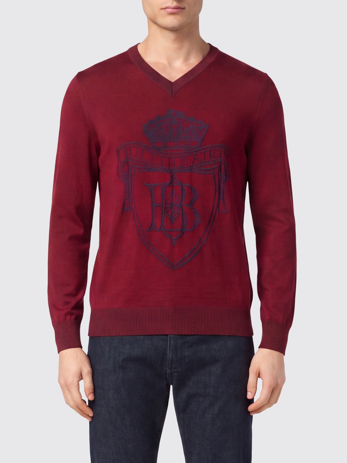 BILLIONAIRE Wool and Silk V-Neck Jumper with Jacquard Crest