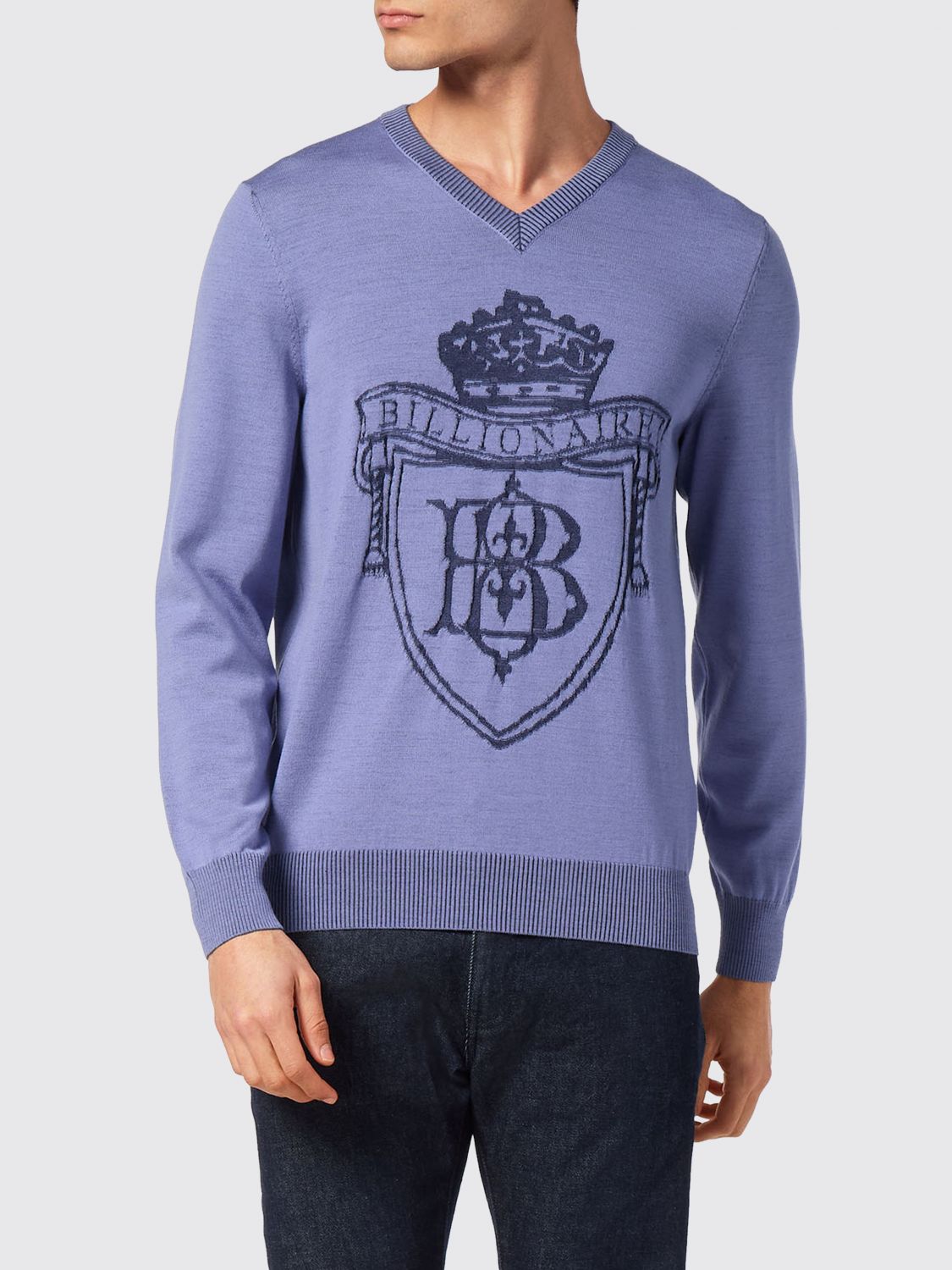 BILLIONAIRE V-Ausschnitt-Pullover aus Wolle und Seide mit Jacquard-Wappen